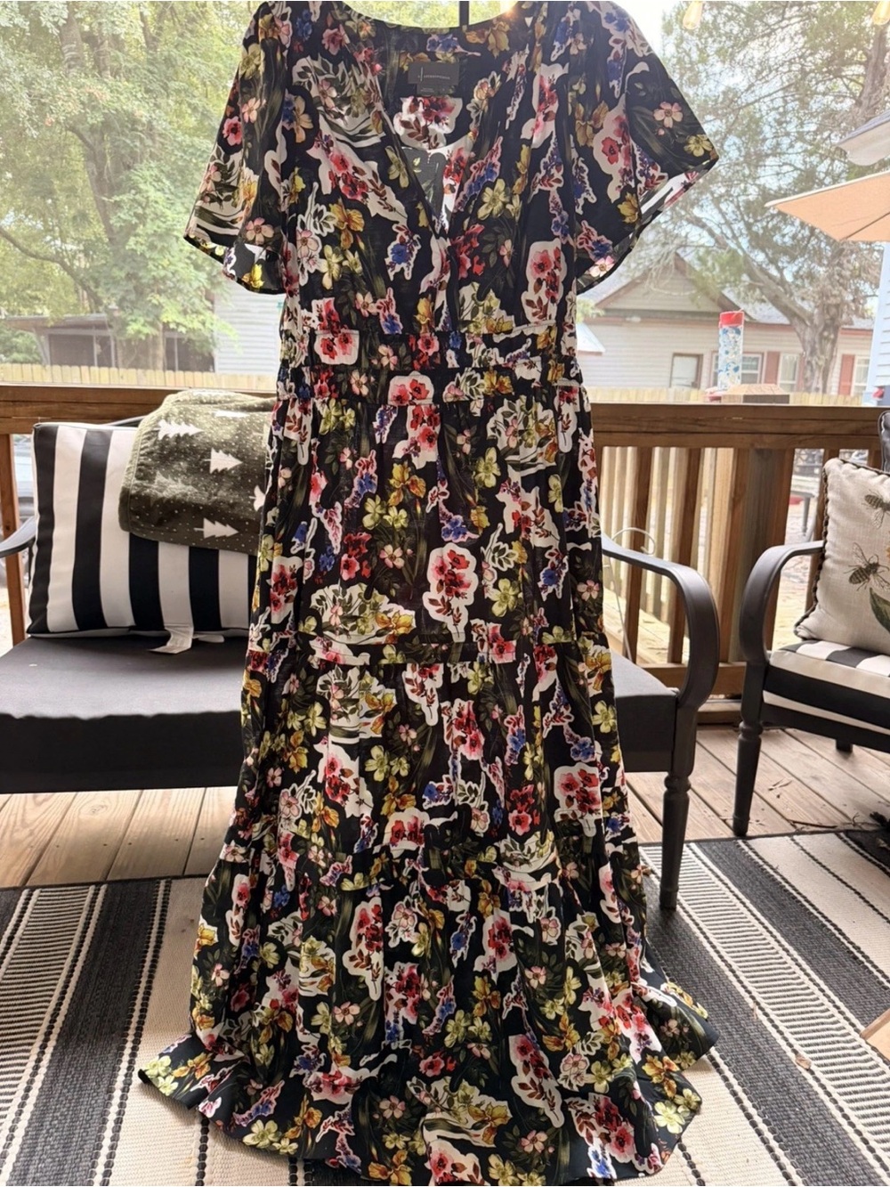 Black Floral Maxi Dress with V-Neck and Flutter Sleeves